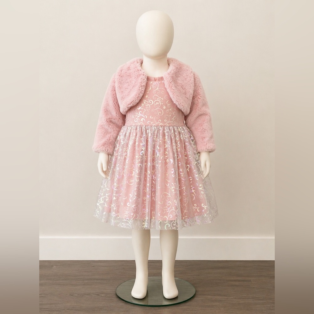 Bonnie Jean 3-Piece Pink Party Dress w/ Faux Fur Bolero & Shimmer Tulle Skirt
